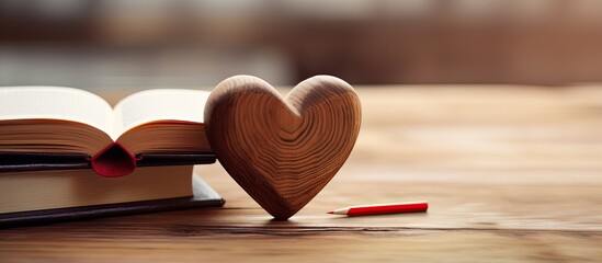 A heart shaped symbol carved on wooden surface accompanied by a handwritten note resting near a stack of books copy space image