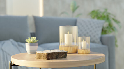 Modern boho interior of living room in cozy apartment. Simple cozy living room interior with sofa, decorative pillows, wooden table with candles and natural decorations and sunlight