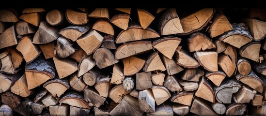 Close up of many chopped logs of firewood stacked near the wooden wall of an old hut with copy space image