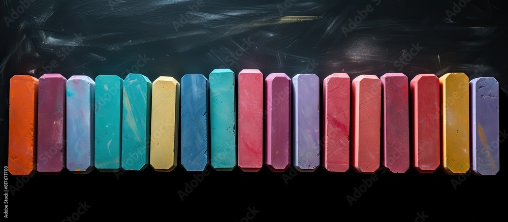 Poster A variety of colored chalks are spread out on a dark marble surface forming a vibrant background with a space for text or other elements. Creative banner. Copyspace image