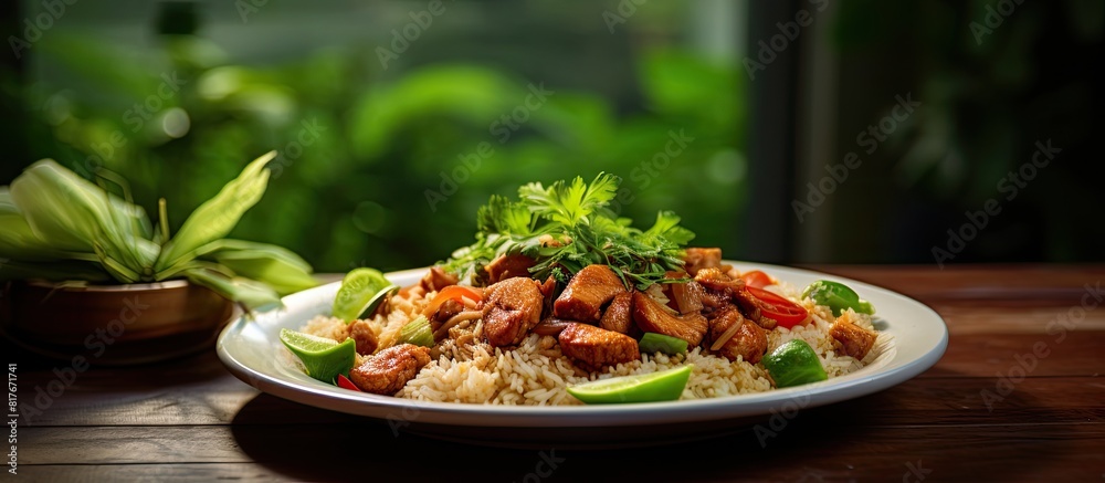 Aufkleber a healthy fresh meal is displayed on the table with a copy space image of rice meat jambalaya and a 