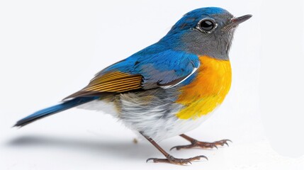 A vibrant blue and yellow bird standing on a clean white surface. Ideal for nature and wildlife themes