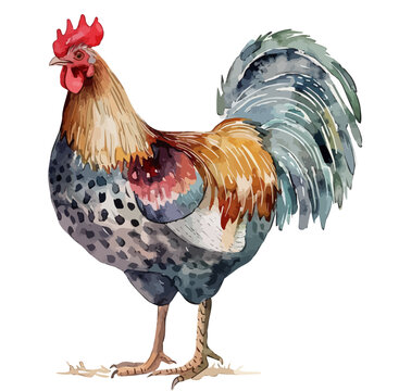 recommend clip art: Watercolor drawing of a Chicken (Rooster), isolated on a white background, Illustration painting, Chicken vector, drawing, design art, clipart image, Graphic logo