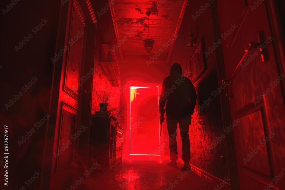 Poster a person standing in a hallway with a red light. suitable for mystery or horror themes