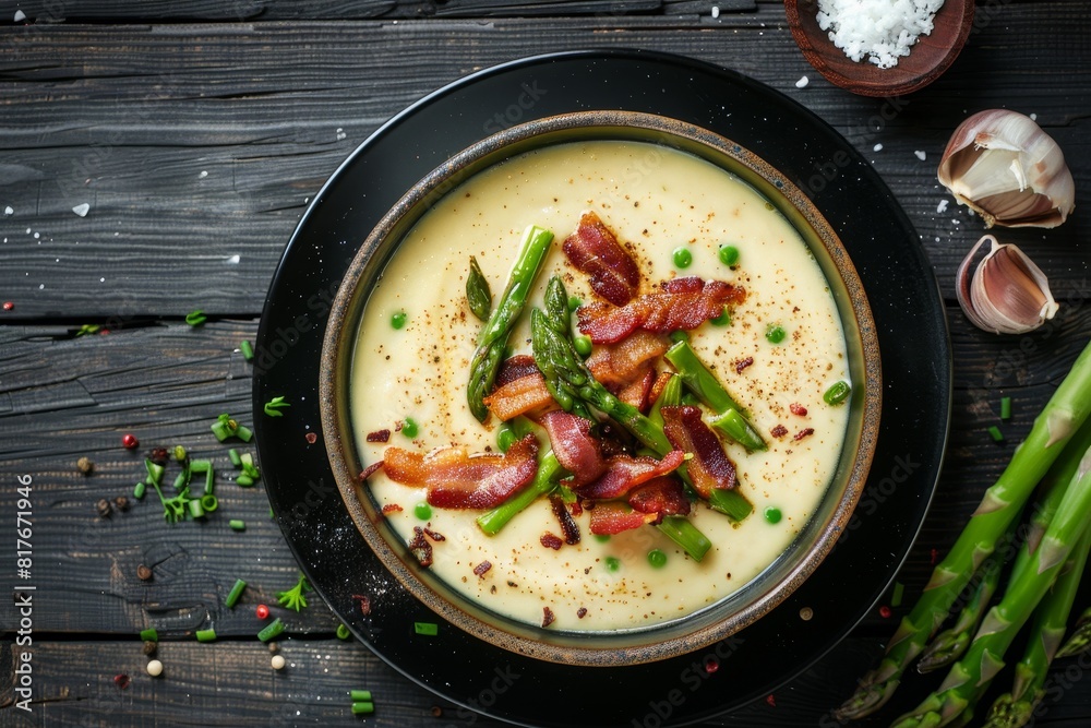 Canvas Prints asparagus cream soup with crispy bacon on dark wood table