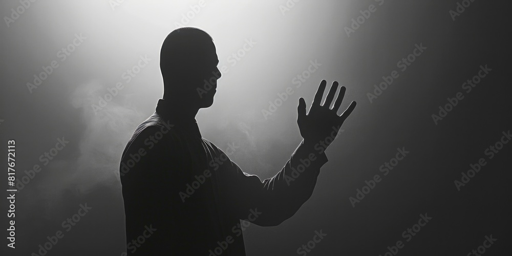 Poster silhouette of a man with hand raised, suitable for various concepts
