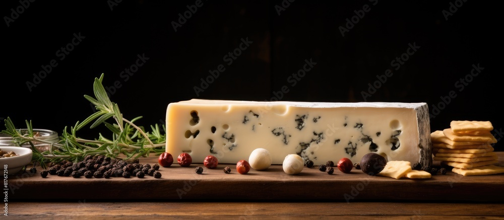 Poster a horizontal image showcasing a plank with soy cheese garlic and peppercorns on a light background a