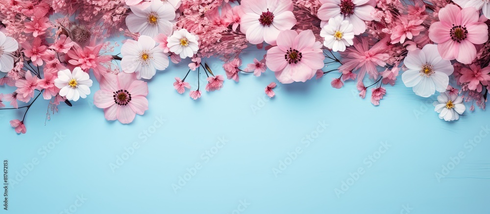 Aufkleber a flat lay copy space image featuring a pastel blue background adorned with a captivating arrangemen