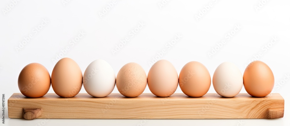 Aufkleber A wooden plate on a white background holds fresh eggs and their empty shells creating a visually pleasing copy space image