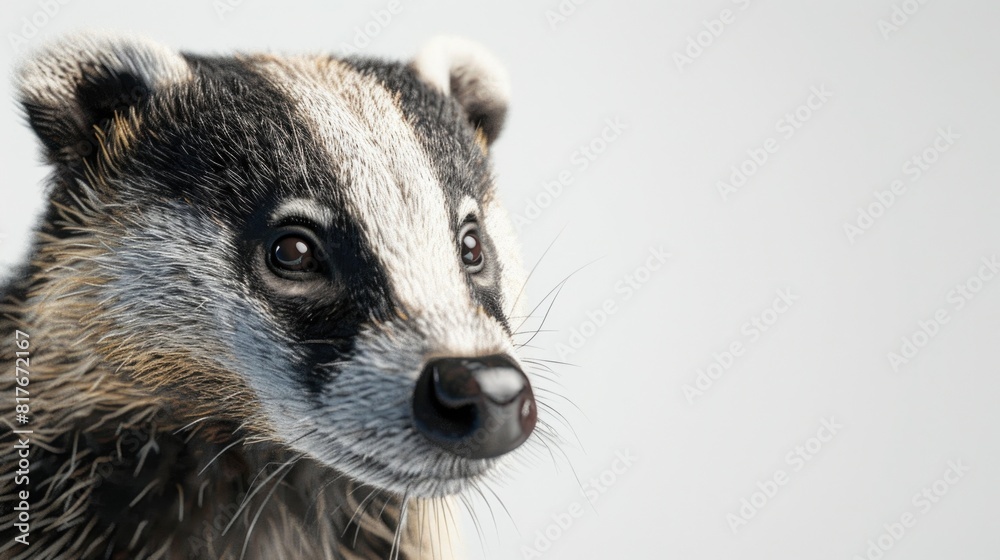 Poster a close up image of a badger looking at the camera. suitable for wildlife and nature themes