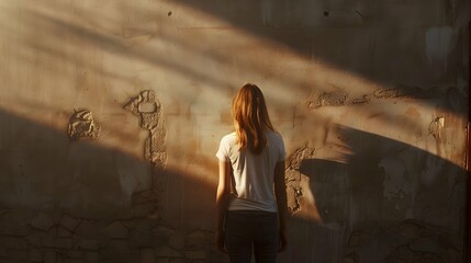 Obraz premium Young female standing in sunlight against wall