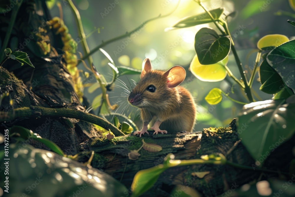 Aufkleber a mouse sitting on a tree branch. suitable for nature themes