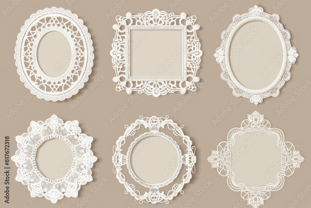 Poster Set of four elegant white frames with intricate lace patterns. Perfect for adding a touch of sophistication to any design project