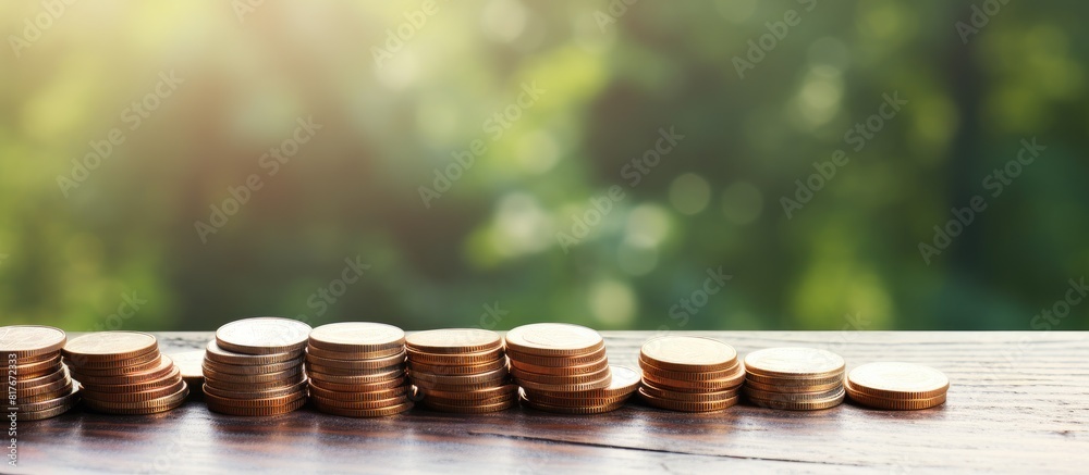 Poster Coins arranged as payment stacked on an empty white table with a blurred nature abstract background Copy space image