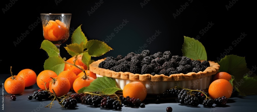 Poster A pie with black currants and apricots including the necessary ingredients is displayed in the copy space image