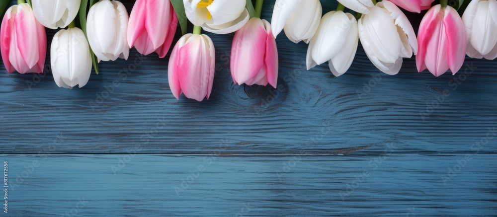Aufkleber A top down view of white and pink tulip flowers resting on a blue wooden table creating a visually pleasing image with ample copy space