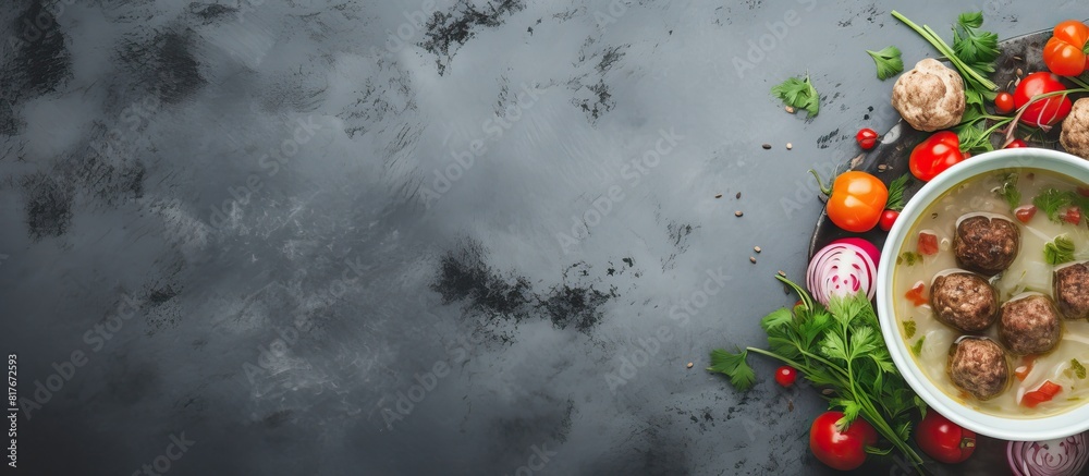 Aufkleber a top view of a bowl of soup containing meatballs and vegetables on a concrete background with copy 