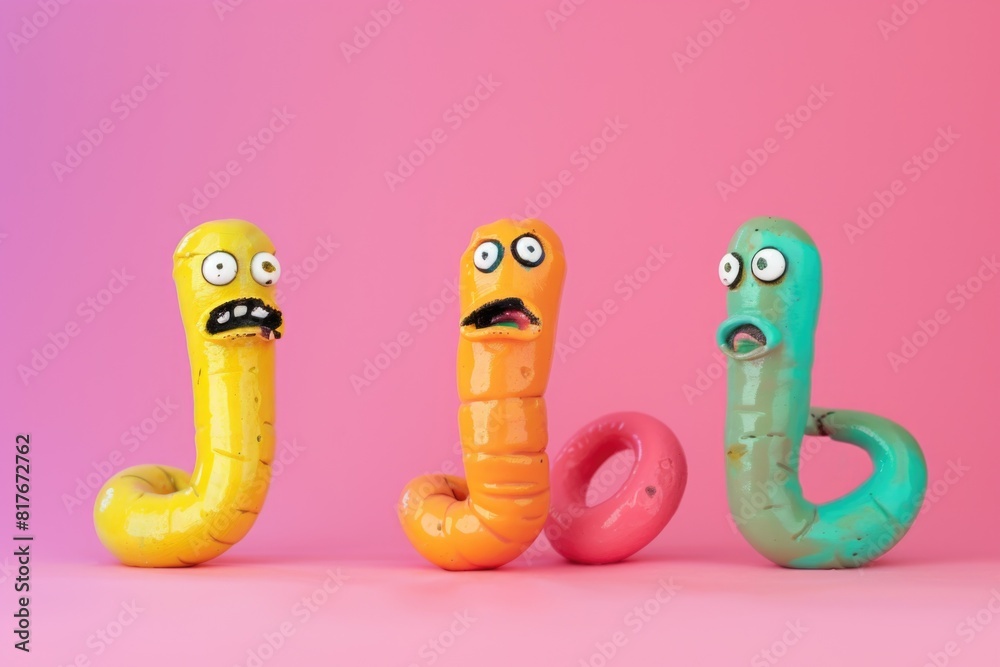 Poster Three different colored plastic characters, versatile for various design projects