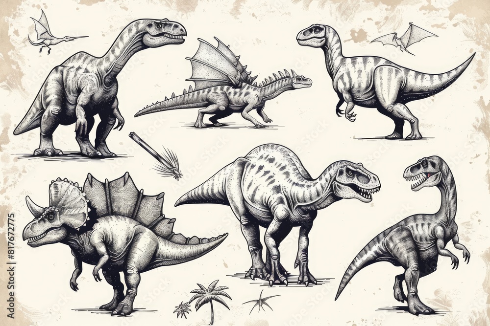 Poster a variety of dinosaur figures captured in different poses. ideal for educational materials or dinosa