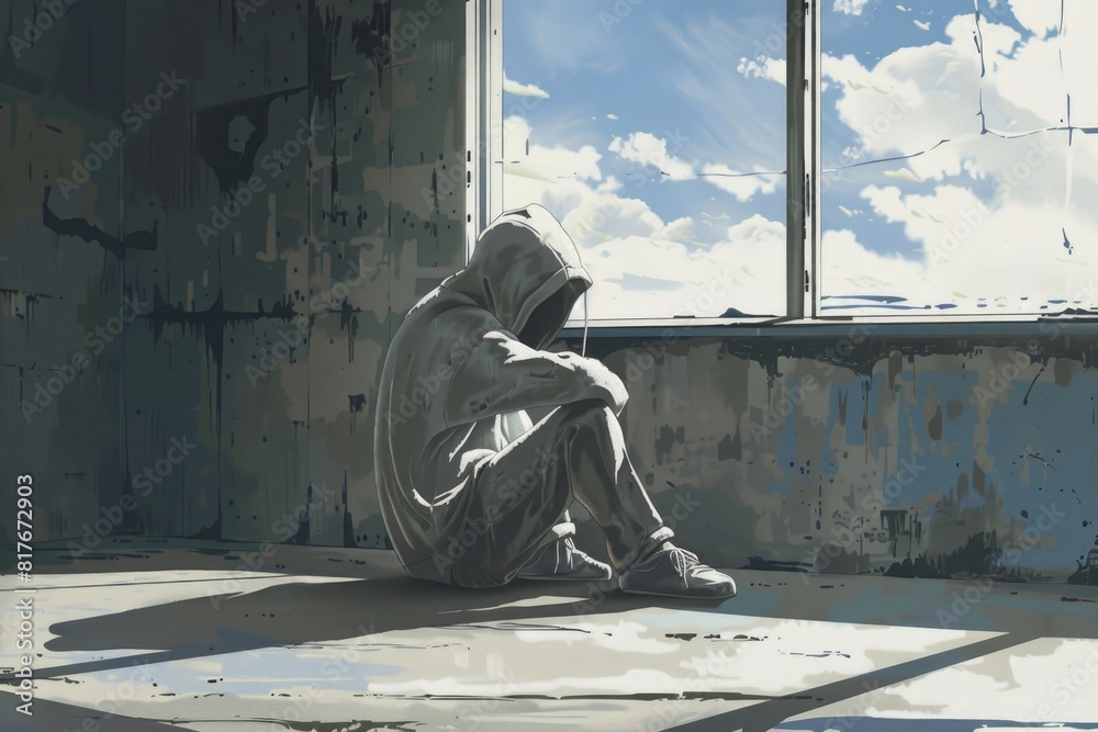 Poster a person sitting in a room, suitable for various concepts and designs