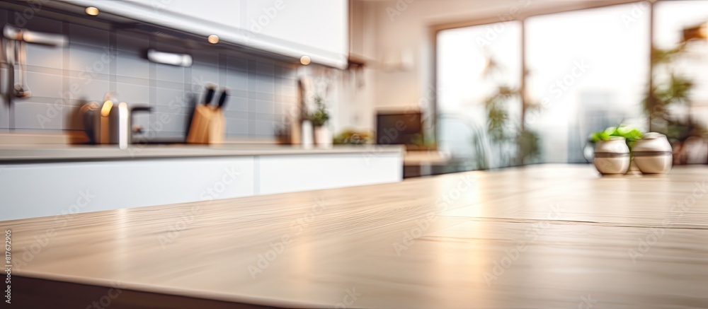 Aufkleber blurred kitchen room in background with table top and copy space image