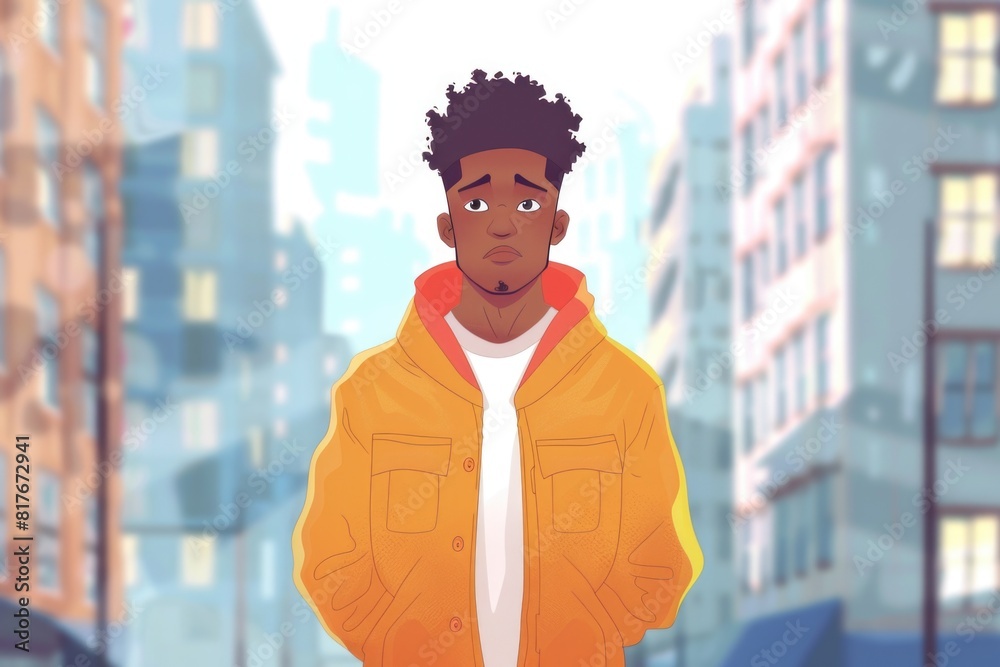 Poster a man in a yellow jacket standing in front of a tall building. suitable for urban and architectural 