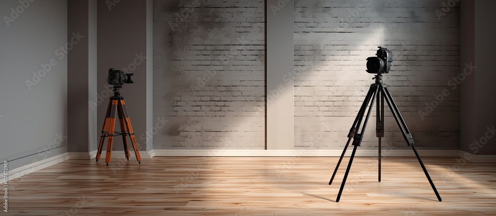 Poster in a contemporary photo studio a tripod mounted professional camera captures images with a copy spac