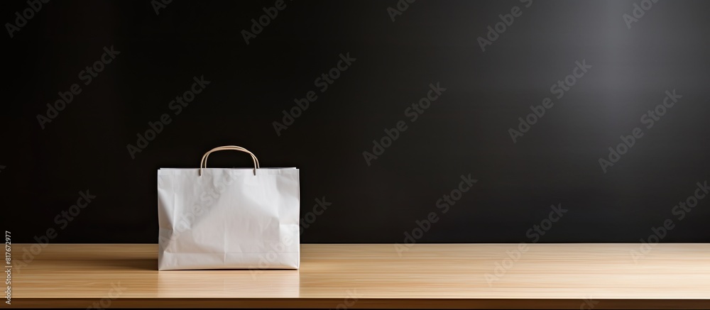 Aufkleber a white wooden table with a black paper bag on top providing space for text to be added. creative ba