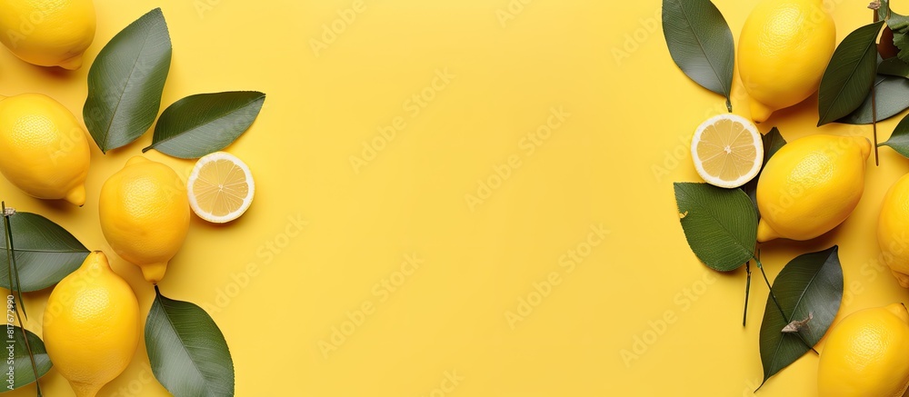 Poster Flat lay copy space image of fresh lemons and leaves arranged on a vibrant yellow background providing ample space for text
