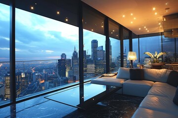 Fototapeta premium A luxurious penthouse apartment overlooking a bustling city skyline concept, Ai AI-generated