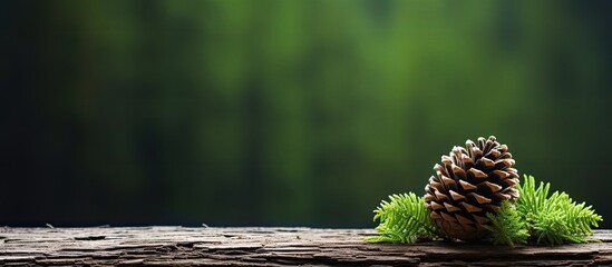 An image of a pine cone on a weathered wooden surface featuring a lush green moss covering creates an inviting copy space image - Powered by Adobe