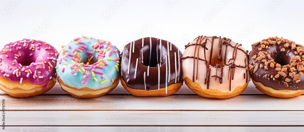 Aufkleber copy space image of delicious donuts drizzled with icing and chocolate presented on a white wooden b