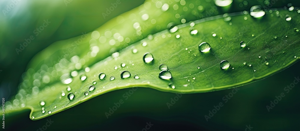 Poster a green leaf adorned with glistening water droplets creating a captivating copy space image