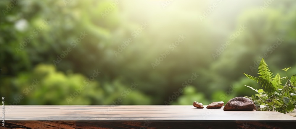 Poster a copy space image featuring a tabletop with a beautifully blurred background showcasing nature s el