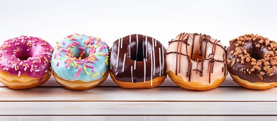 Copy space image of delicious donuts drizzled with icing and chocolate presented on a white wooden background - Powered by Adobe