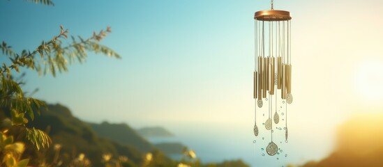 The copy space image of a wind chime gently swinging in the breeze