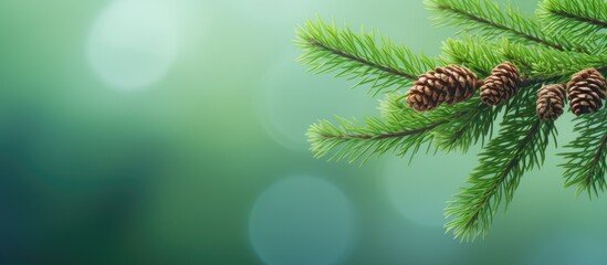 Close up of a branch of European spruce Picea abies with young male reddish cones against a natural green background Copy space image