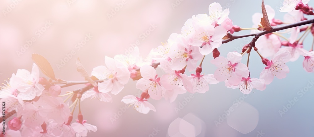 Poster soft pastel toned card featuring a beautiful springtime cherry blossom with bokeh background for cop