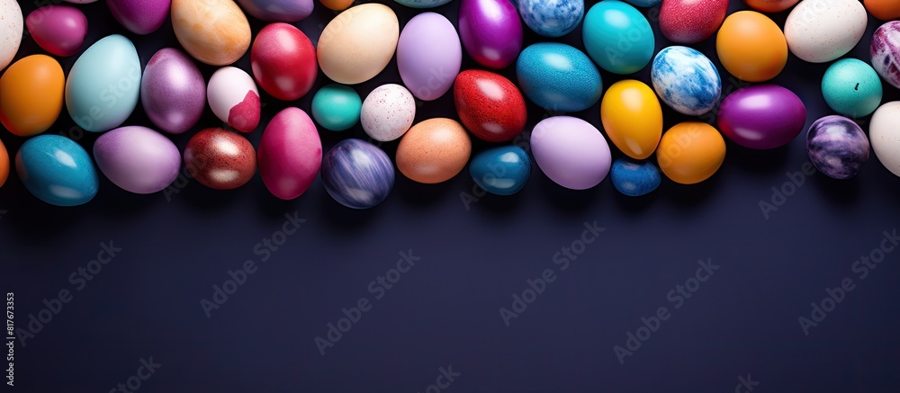 Poster colorful easter eggs arranged in a flat lay composition on a background with enough space for text. 
