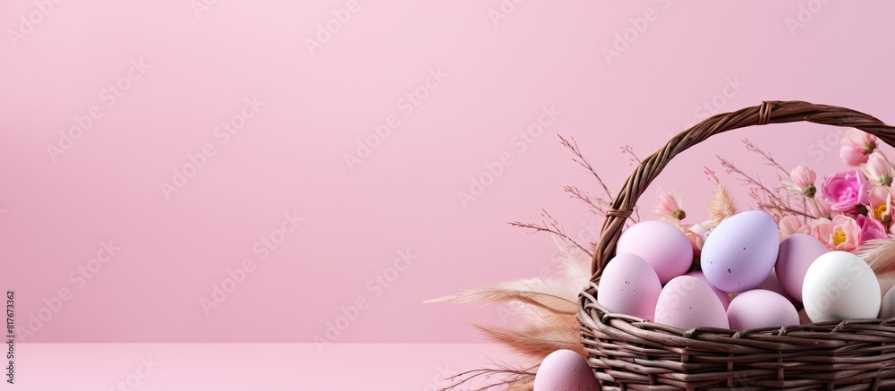 Poster A pink background with Easter eggs arranged in a wicker basket and a blank paper for the greeting Easter card providing copy space image