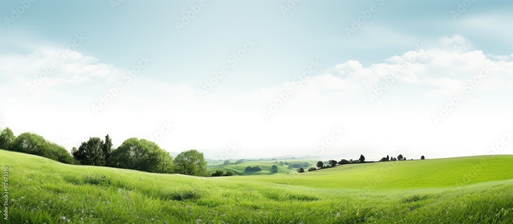 Poster Isolated on a white background there is a green meadow with a clipping path for adding a copy space image