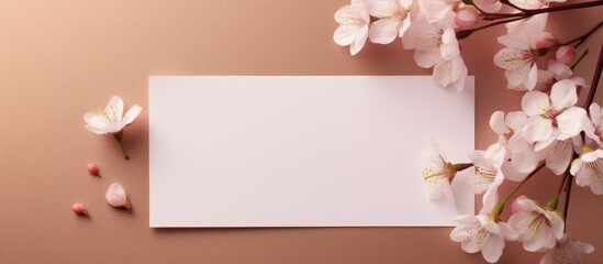 A top view copy space image of a blank card and a cherry blossom placed on a beige background for a mockup