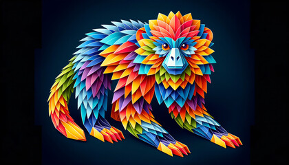 Obraz premium Colorful Origami Monkey with Intricate Paper Folds and Vibrant Hues on Dark Background