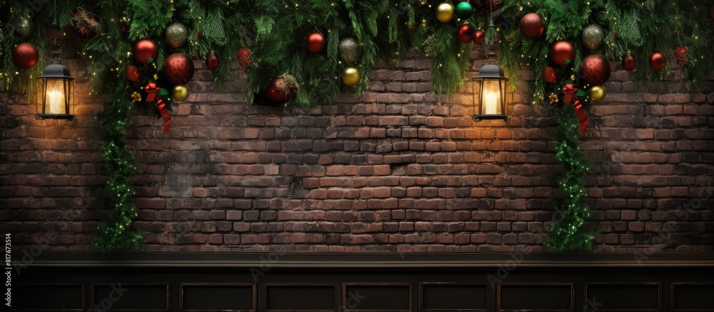Aufkleber the background features a festive red brick wall adorned with green garland hanging ball ornaments a