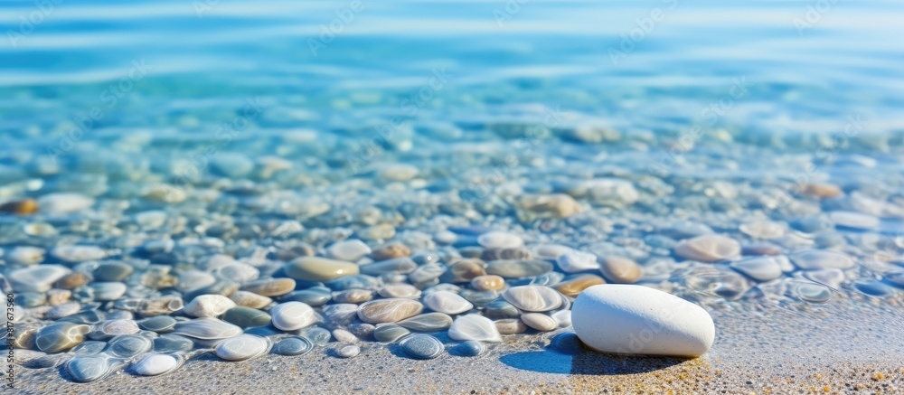 Poster A pebble resting in the clear water on the sandy beach creating a serene and natural background for any desired content Copy space image