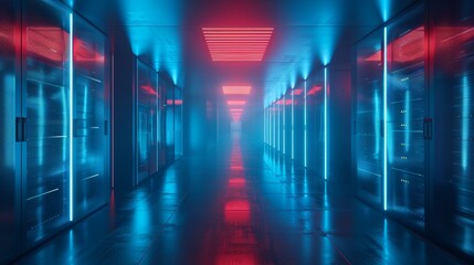 Fototapeta premium The image is a long, dark hallway with bright lights at the end