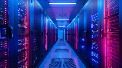 The image is a long, brightly lit hallway. The walls are lined with servers, and the floor is covered in cables.