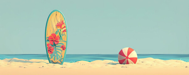 Cartoon of a surfboard with a floral motif standing upright in the sand, with a beach ball beside it