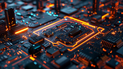 Obraz premium A computer chip with a fingerprint on it. The fingerprint is orange and red. The image has a futuristic feel to it