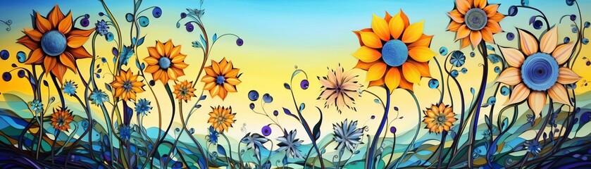 A beautiful field of sunflowers, painted in a vibrant and colorful style. The sunflowers are in various stages of bloom.